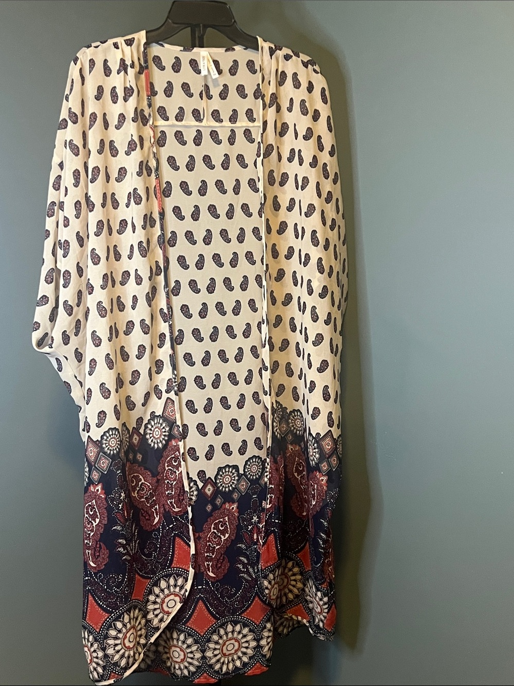 Live 4 Truth Cream Paisley Open-Front Cardigan with Navy and Red Motifs